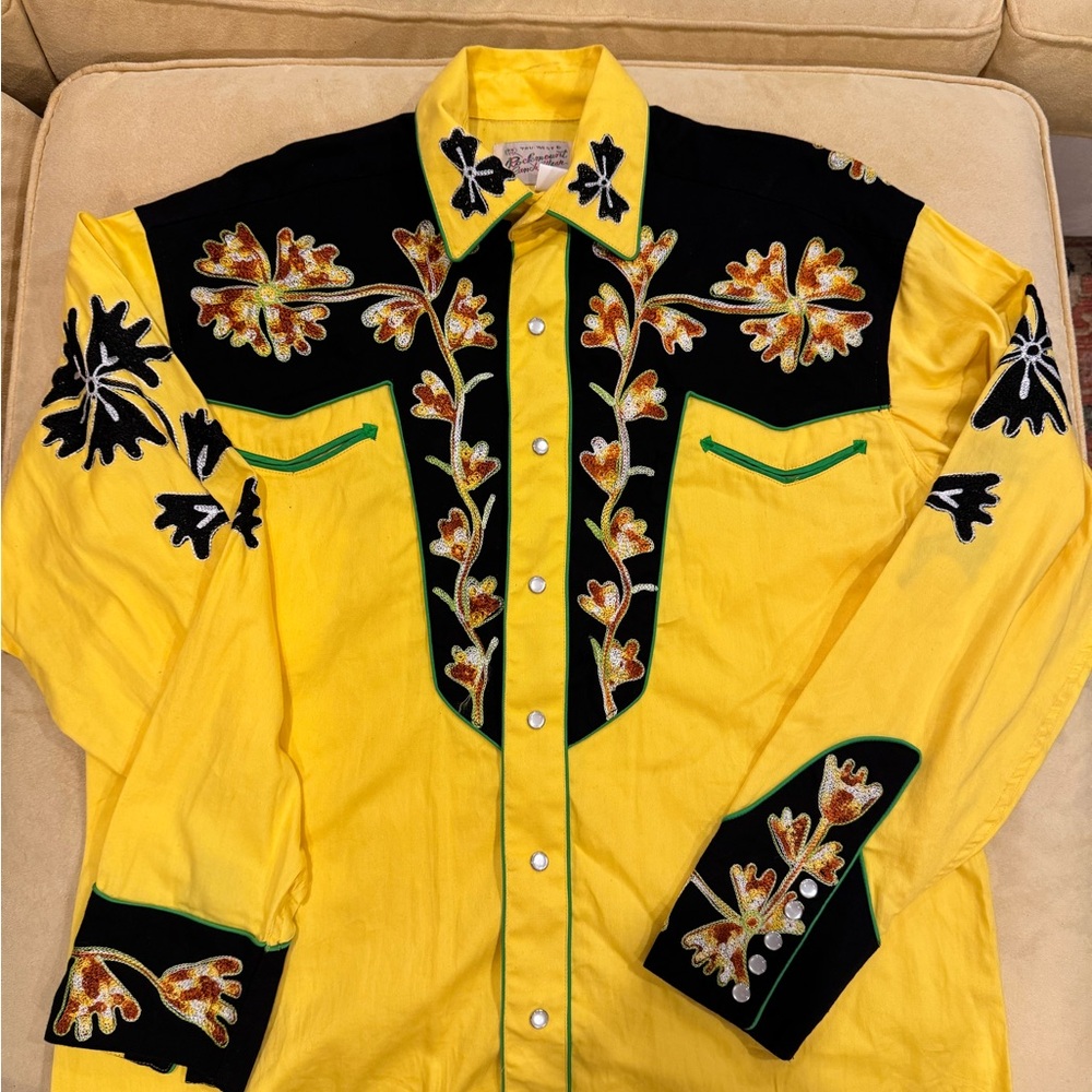 Vibrant Yellow and Black Embroidered Men's Shirt
